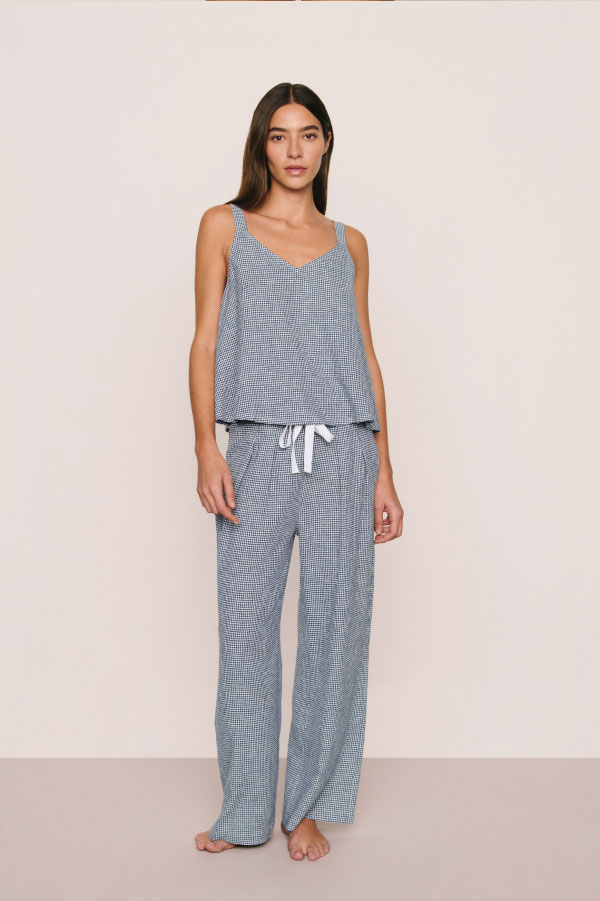 Linen Blend V Neck Cami - Gingham White/Navy