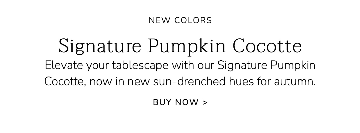 NEW COLORS: Signature Pumpkin Cocotte - Elevate your tablescape with our Signature Pumpkin Cocotte, now in new sun-drenched hues for autumn - BUY NOW
