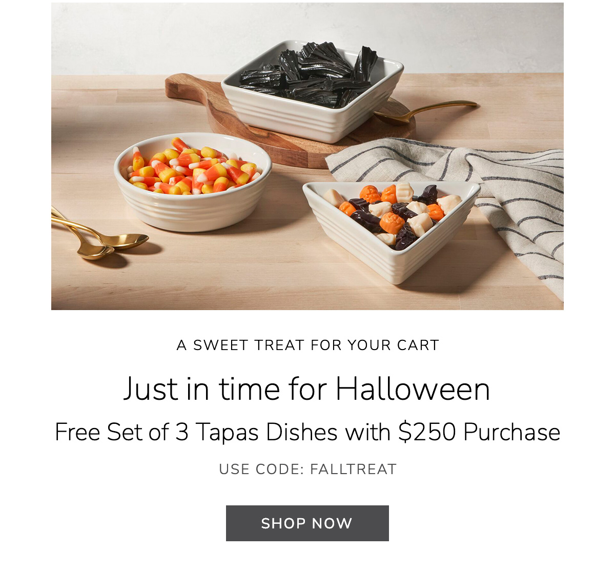 A Sweet Treat for Your Cart Just in time for Halloween: Free Set of 3 Tapas Dishes with $250 Purchase USE CODE: FALLTREAT - SHOP NOW