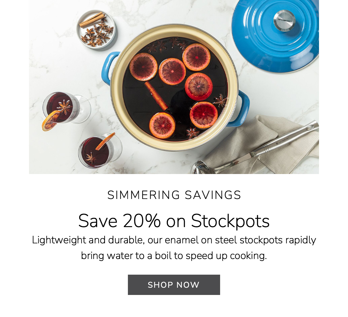 SIMMERING SAVINGS: Save 20% on Stockpots - Lightweight and durable, our enamel on steel stockpots rapidly bring water to a boil to speed up cooking - BUY NOW