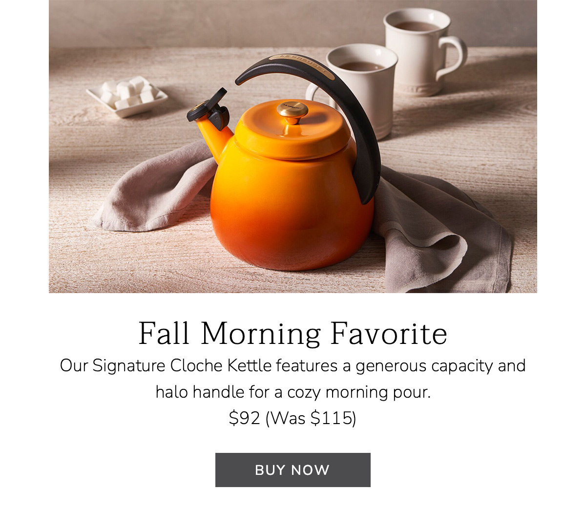Fall Morning Favorite: Our Signature Cloche Kettle features a generous capacity and halo handle for a cozy morning pour. $92 (Was $115) - BUY NOW