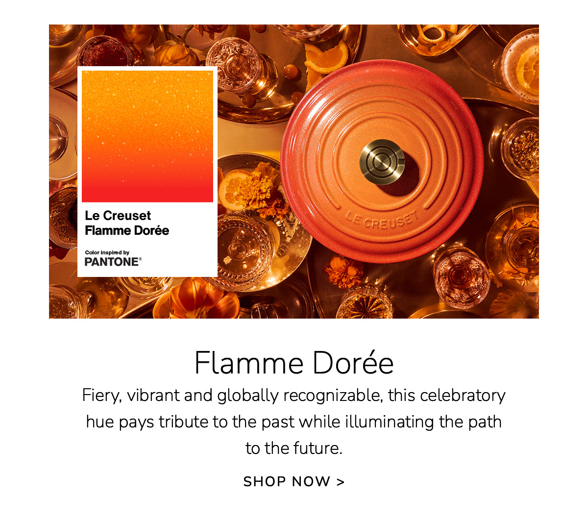 Flamme Dorée: Fiery, vibrant and globally recognizable, this celebratory hue pays tribute to the past while illuminating the path to the future. SHOP NOW