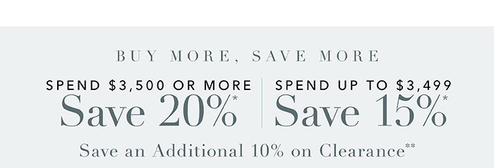 Spend $3,500 or more save 20%* | Spend up to $3,499 save 15%*