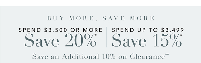 Spend $3,500 or more save 20%* | Spend up to $3,499 save 15%*