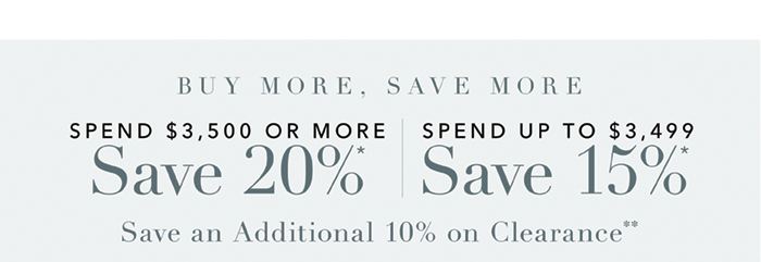 Spend $3,500 or more save 20%* | Spend up to $3,499 save 15%*