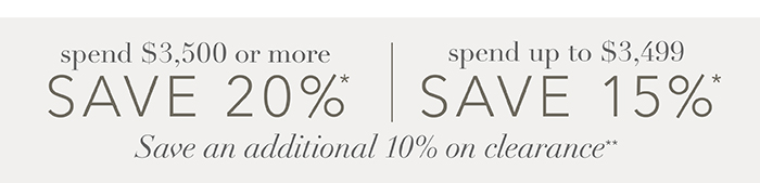 Spend $3,500 or more save 20%* | Spend up to $3,499 save 15%*