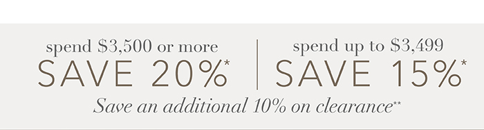 Spend $3,500 or more save 20%* | Spend up to $3,499 save 15%*