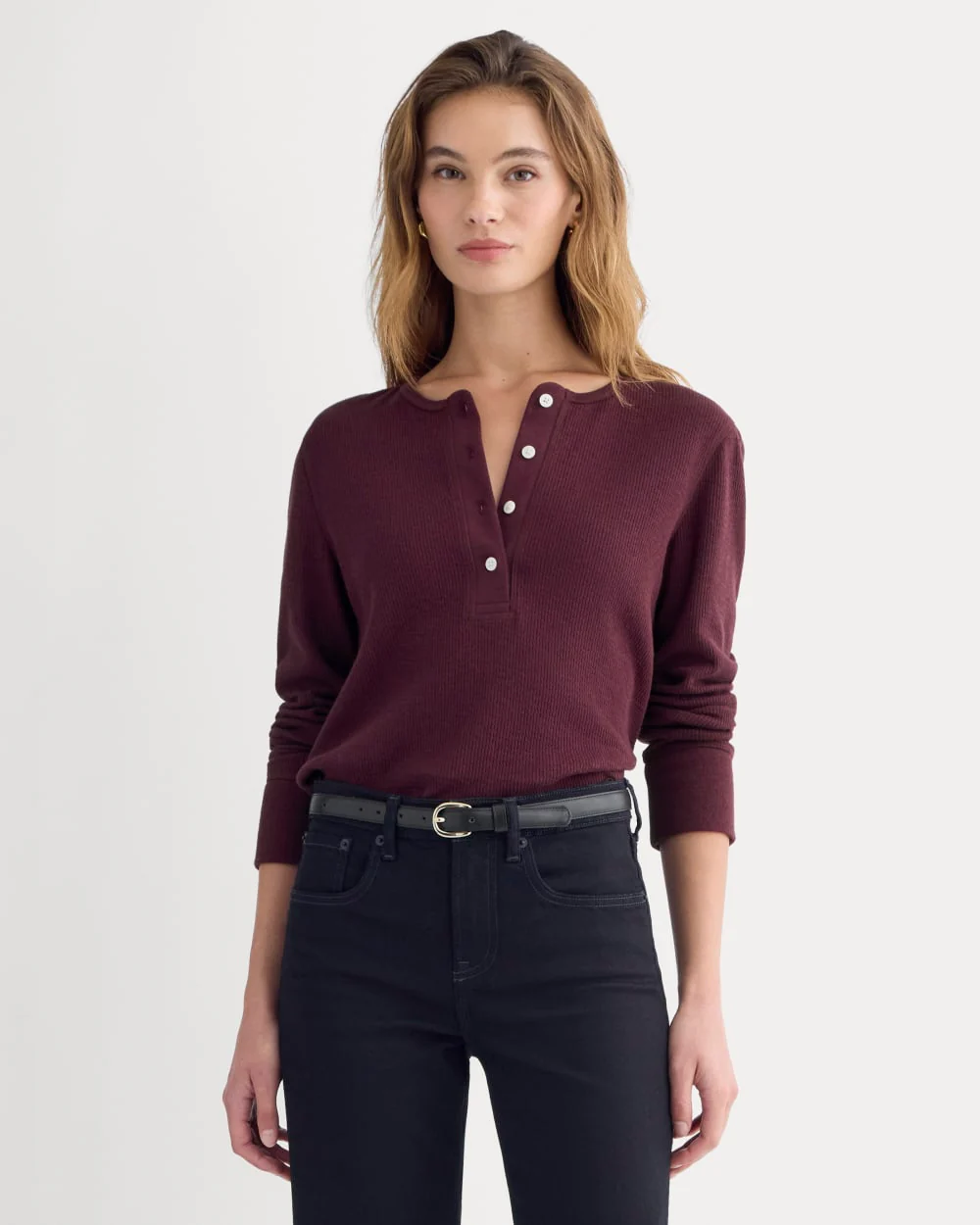 Image of Boxy Henley in Cozy Waffle | Heathered Port Royale