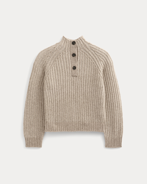 Image | Funnel-Neck Ribbed Henley Sweater | Heathered Almond / Bone Vertical Stripe