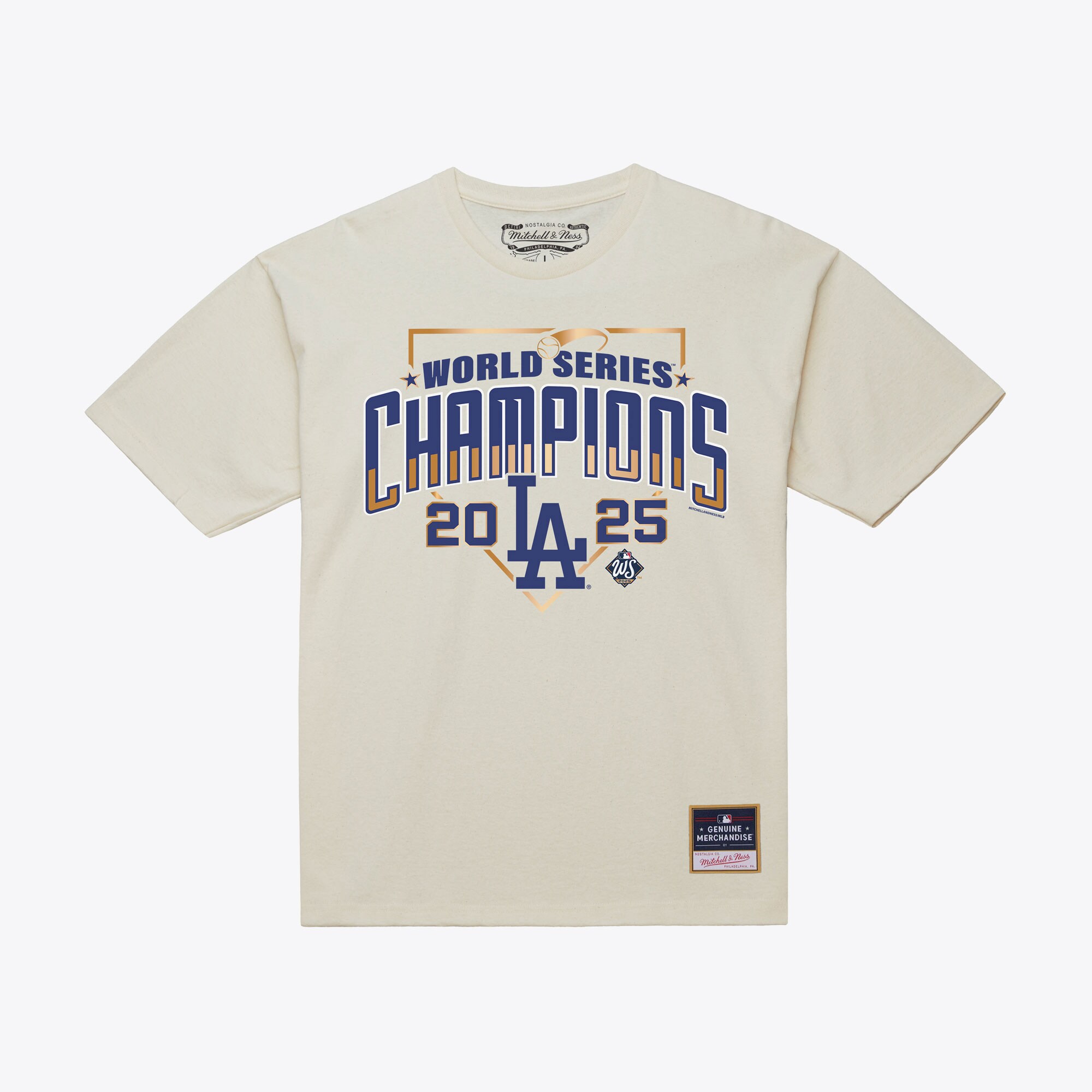 Men's Mitchell & Ness Cream Los Angeles Dodgers 2025 World Series Champions Arch T-Shirt