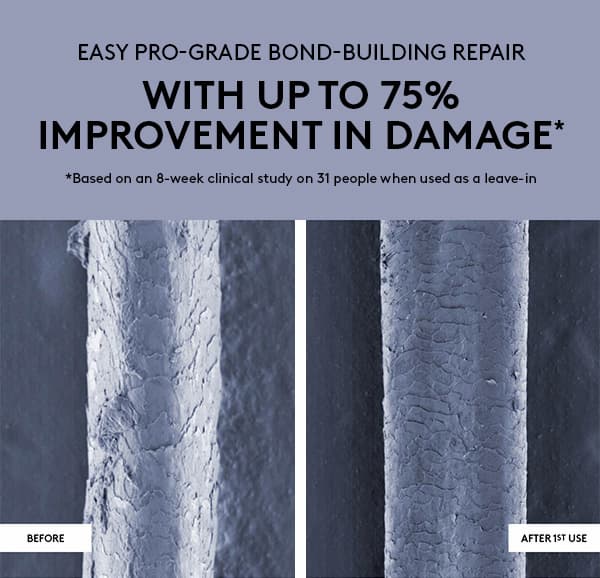 EASY PRO-GRADE BOND-BUILDING REPAIR WITH UP TO 75% IMPROVEMENT IN DAMAGE* | *Based on an 8-week clinical study on 31 people when used as a leave-in | BEFORE | AFTER 1ST USE