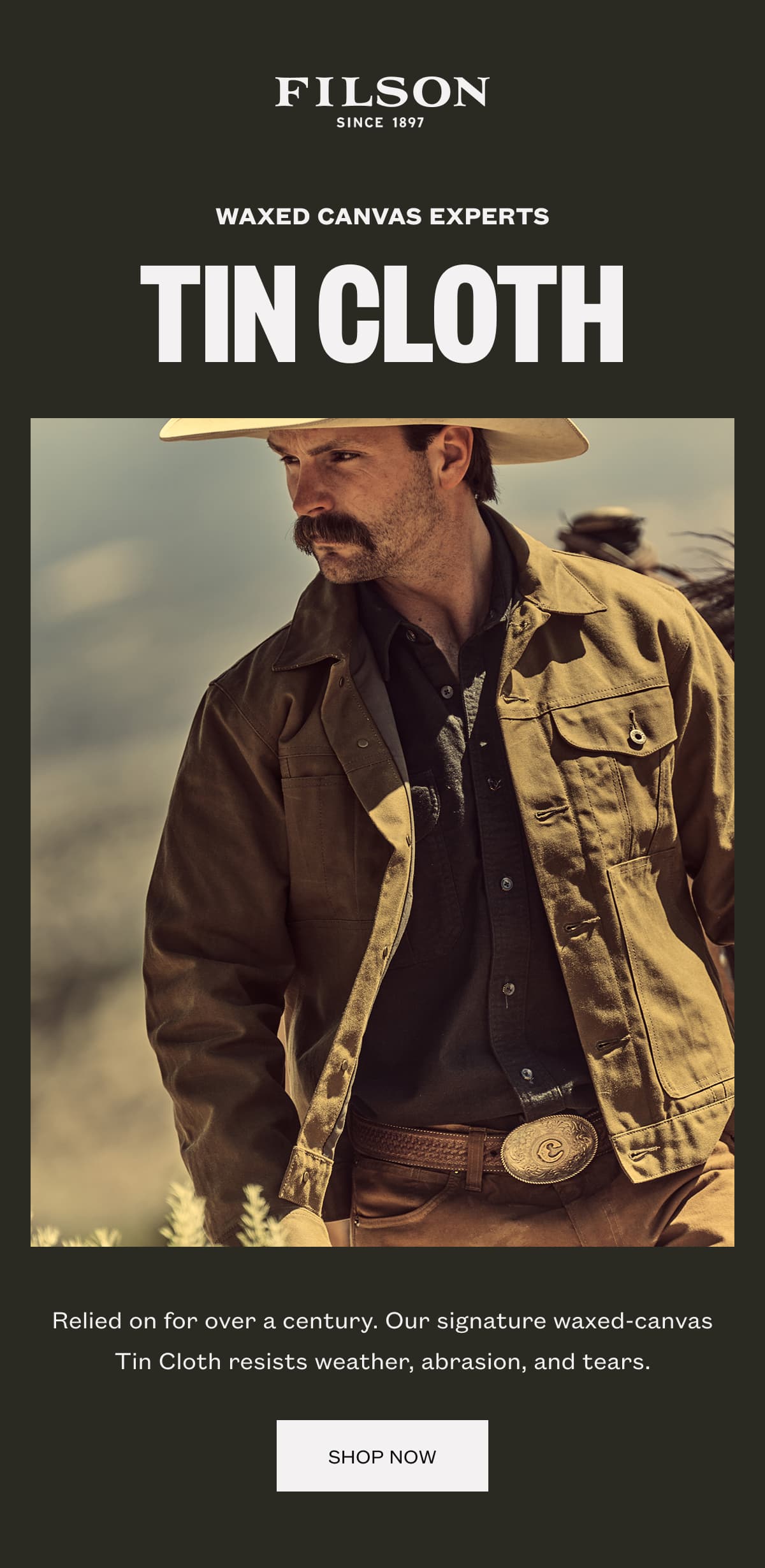 FILSON | WAXED CANVAS EXPERTS | TIN CLOTH | Relied on for over a century. Our signature waxed-canvas Tin Cloth resists weather, abrasion, and tears. | SHOP NOW