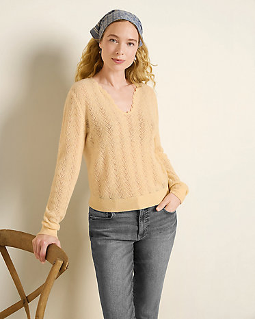 Cashmere Split-Neck Pointelle Sweater