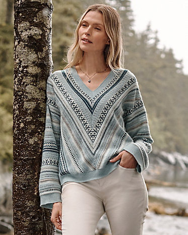 Recycled-Cashmere Fair Isle V-Neck Sweater
