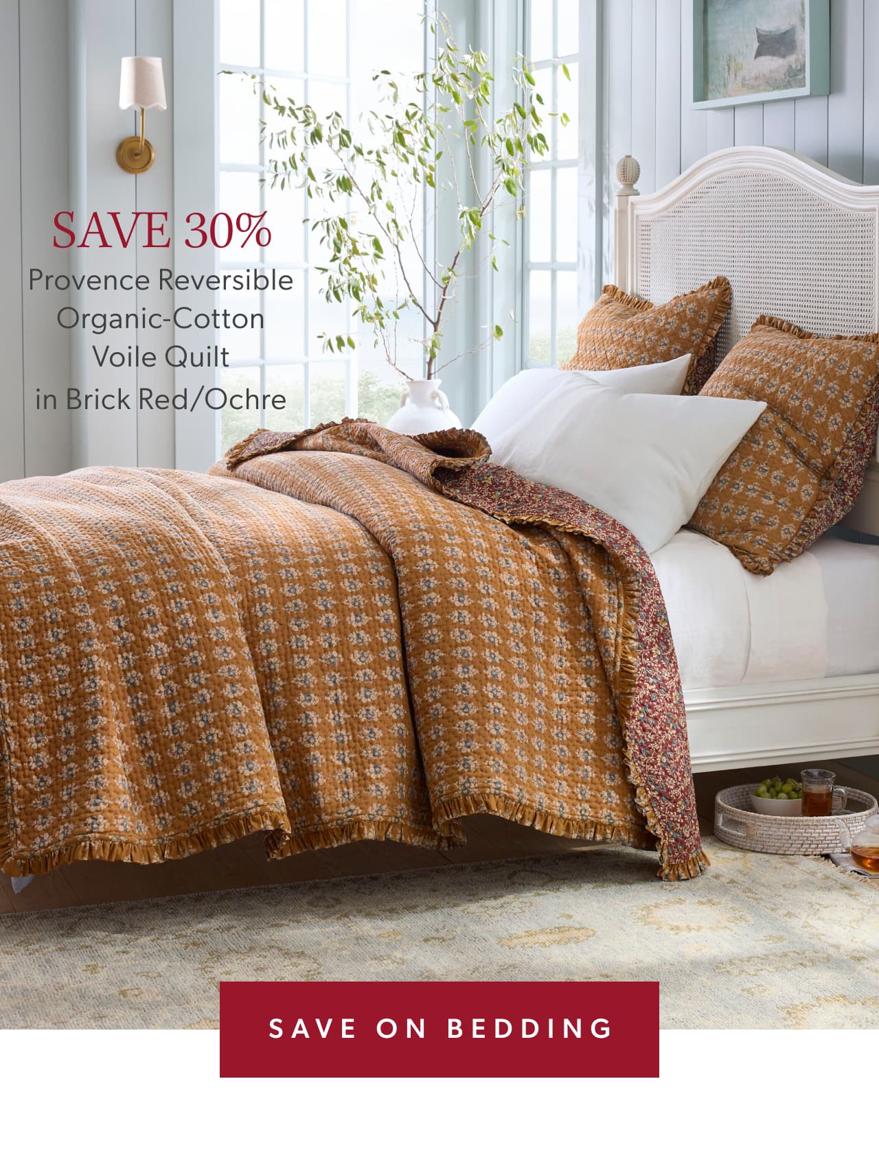 Save 30% Provence Reversible Organic-Cotton Voile Quilt in Brick Red/Ochre. Save on bedding.