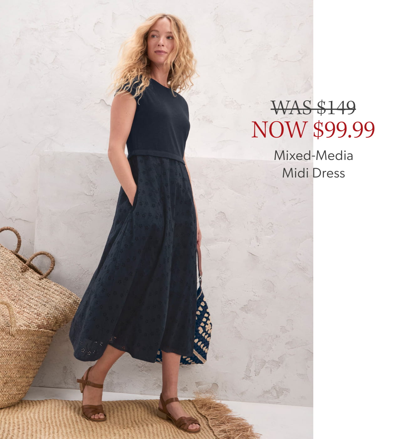 Was $149, Now $99.99. Mixed-Media Midi Dress