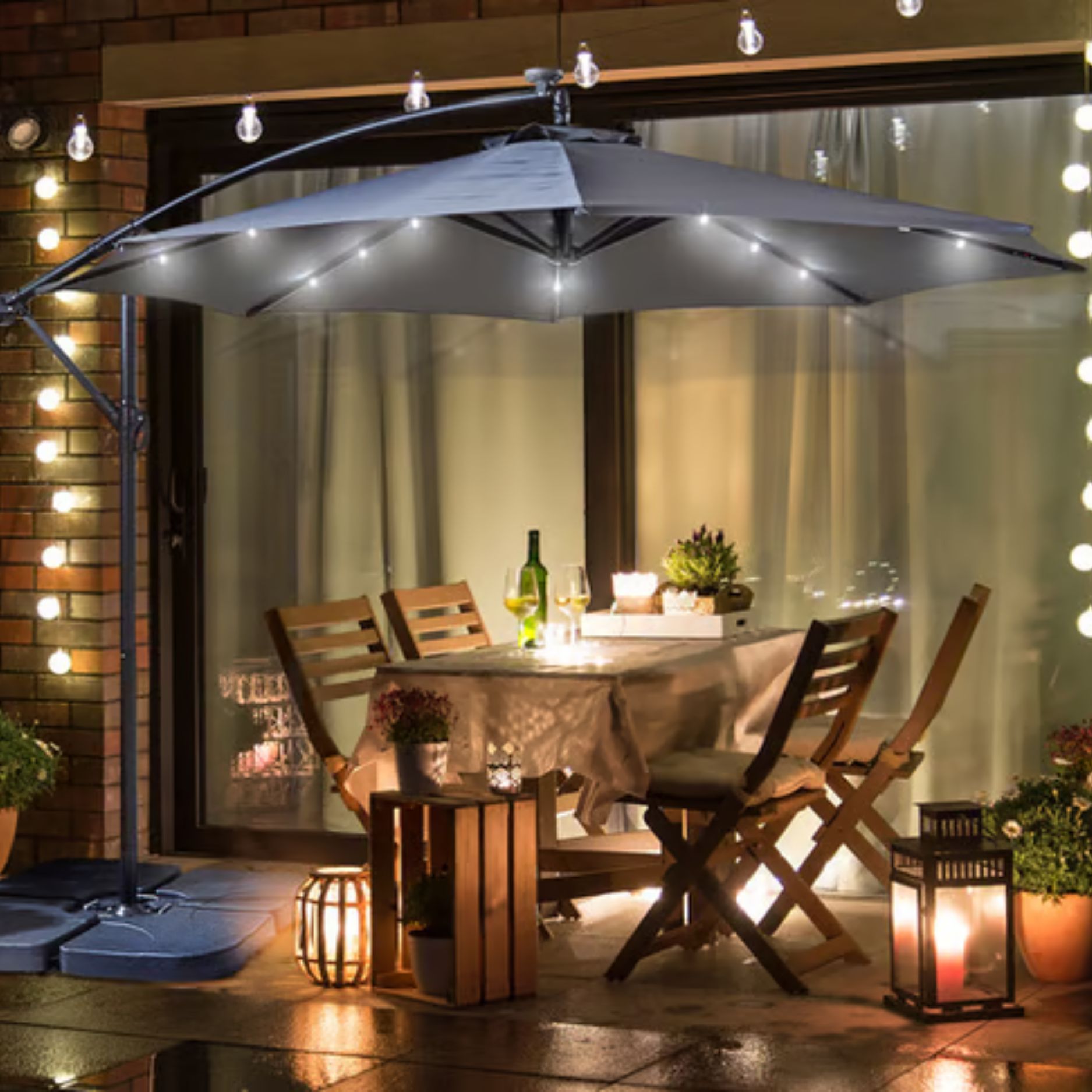 Grey 3M LED Solar Waterproof Parasol & Base
