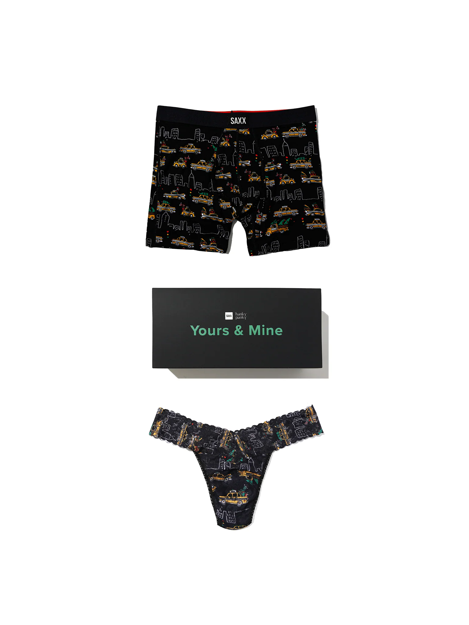 Image of Signature Lace® Original Rise Thong And Saxx Super Soft Vibe Boxer Brief Hail The Holidays - Black