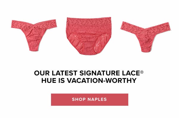 an image of three women's underwears with the words our latest signature lace hue is vacation
