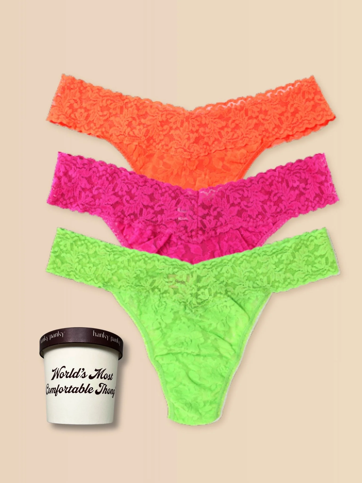 Image of Signature Lace® Original Rise Thong Ice Cream 3 Pack Sorbet Brights (Orange Sparkle, Dragon Fruit Pink & Lush Green)