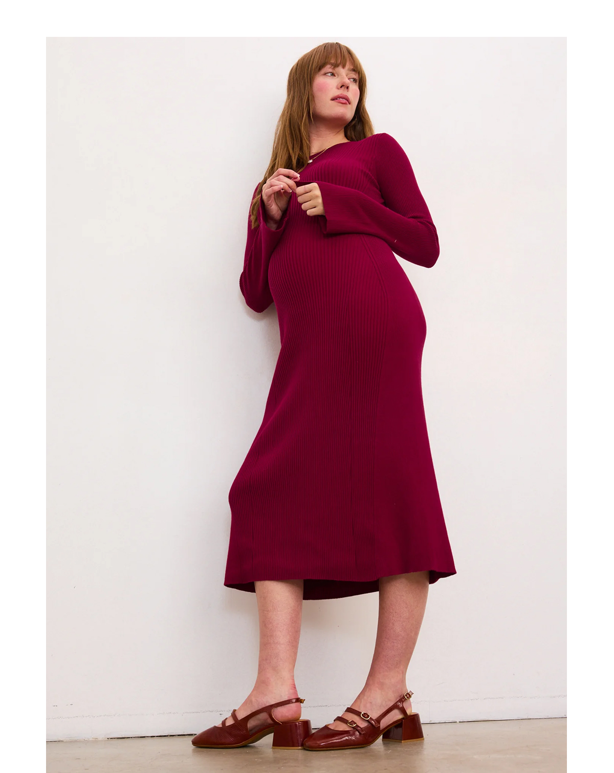 The Odette Ribbed Midi Dress in Raspberry