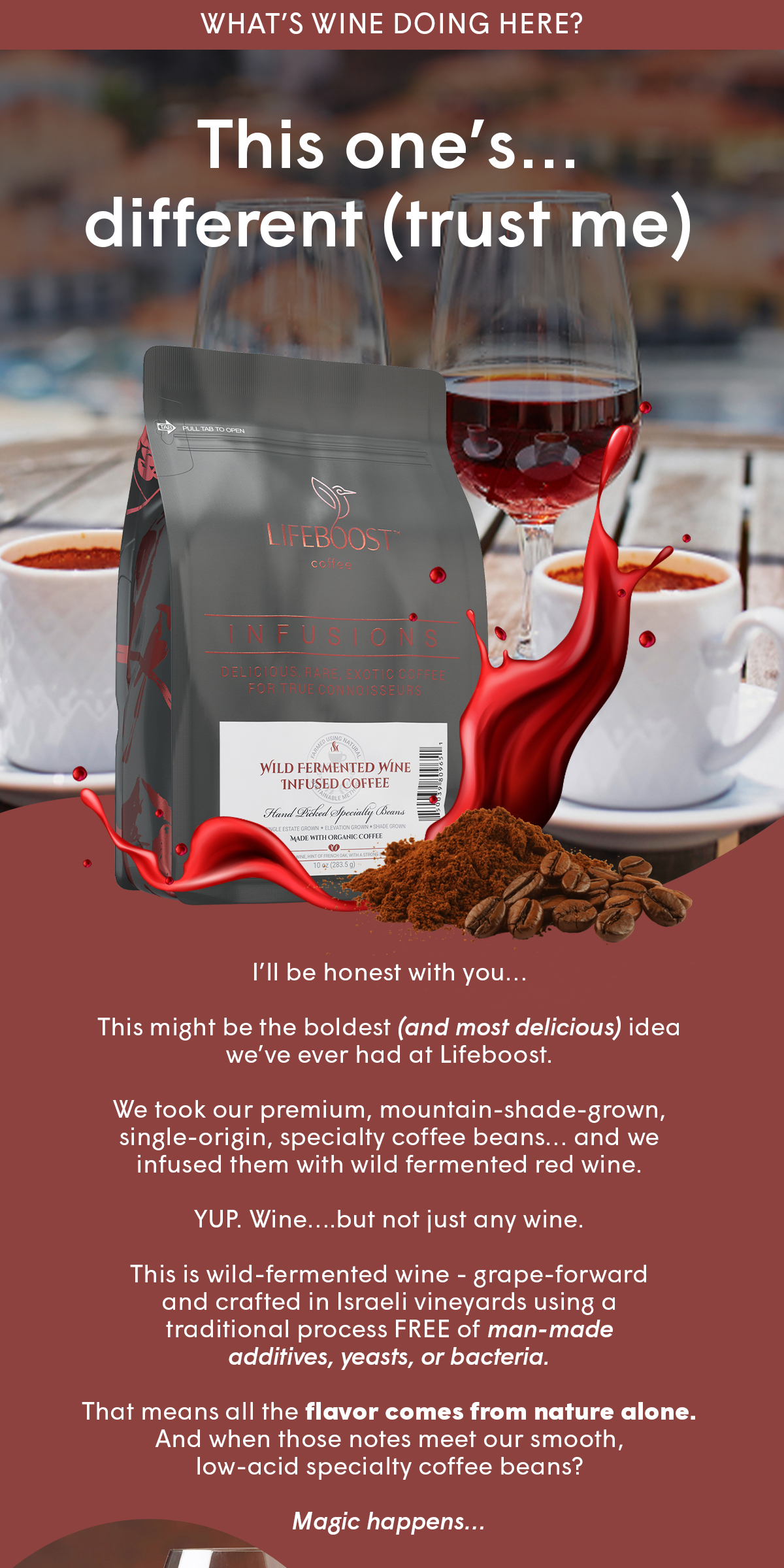 Introducing Lifeboost’s Wild Fermented Wine Infused Coffee.