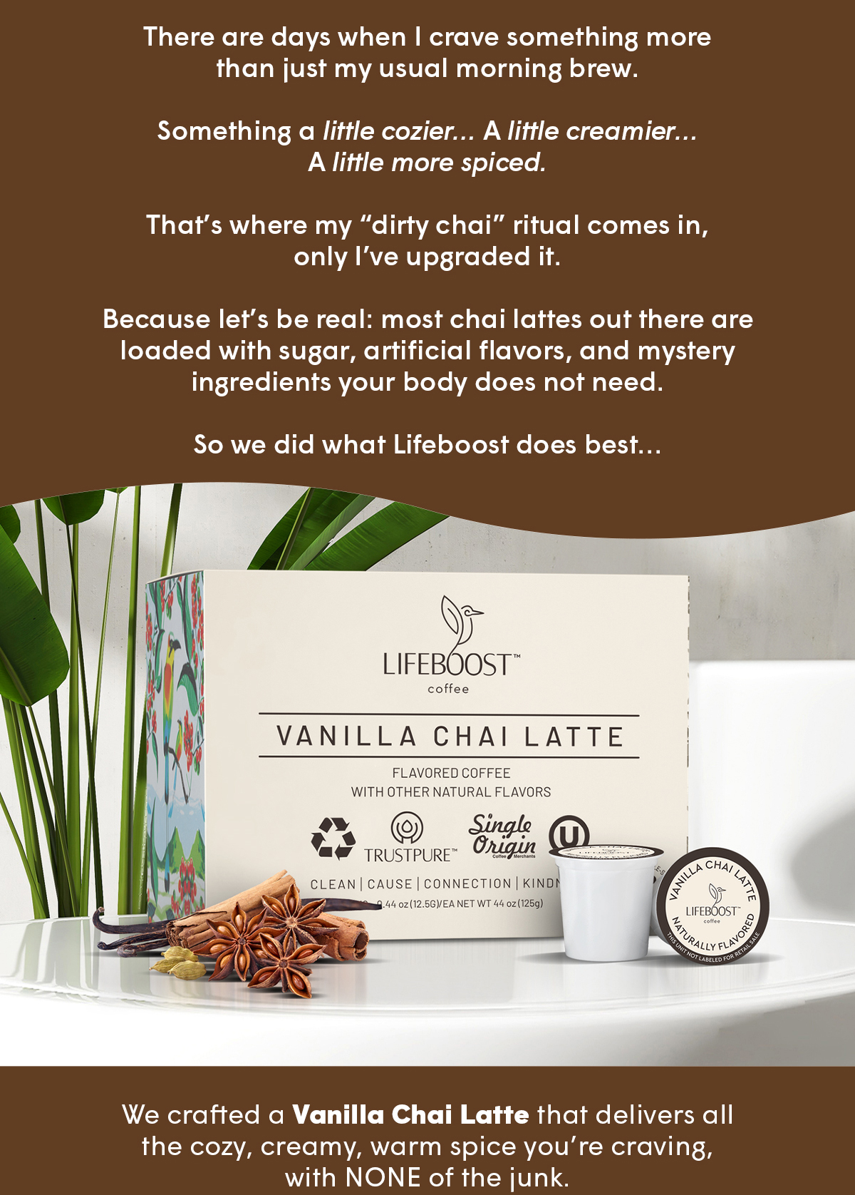 We crafted a Vanilla Chai Latte that delivers all the cozy, creamy, warm spice you’re craving, with NONE of the junk.