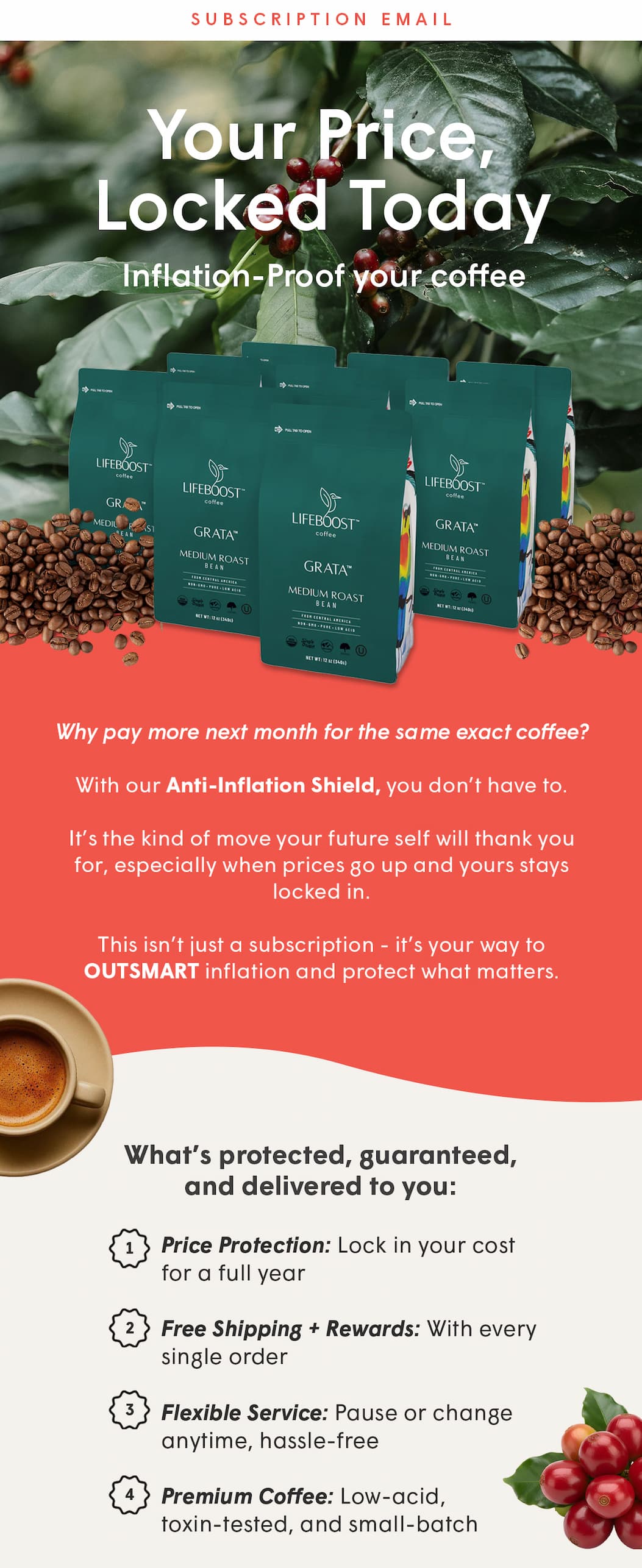 Why pay more next month for the same exact coffee?