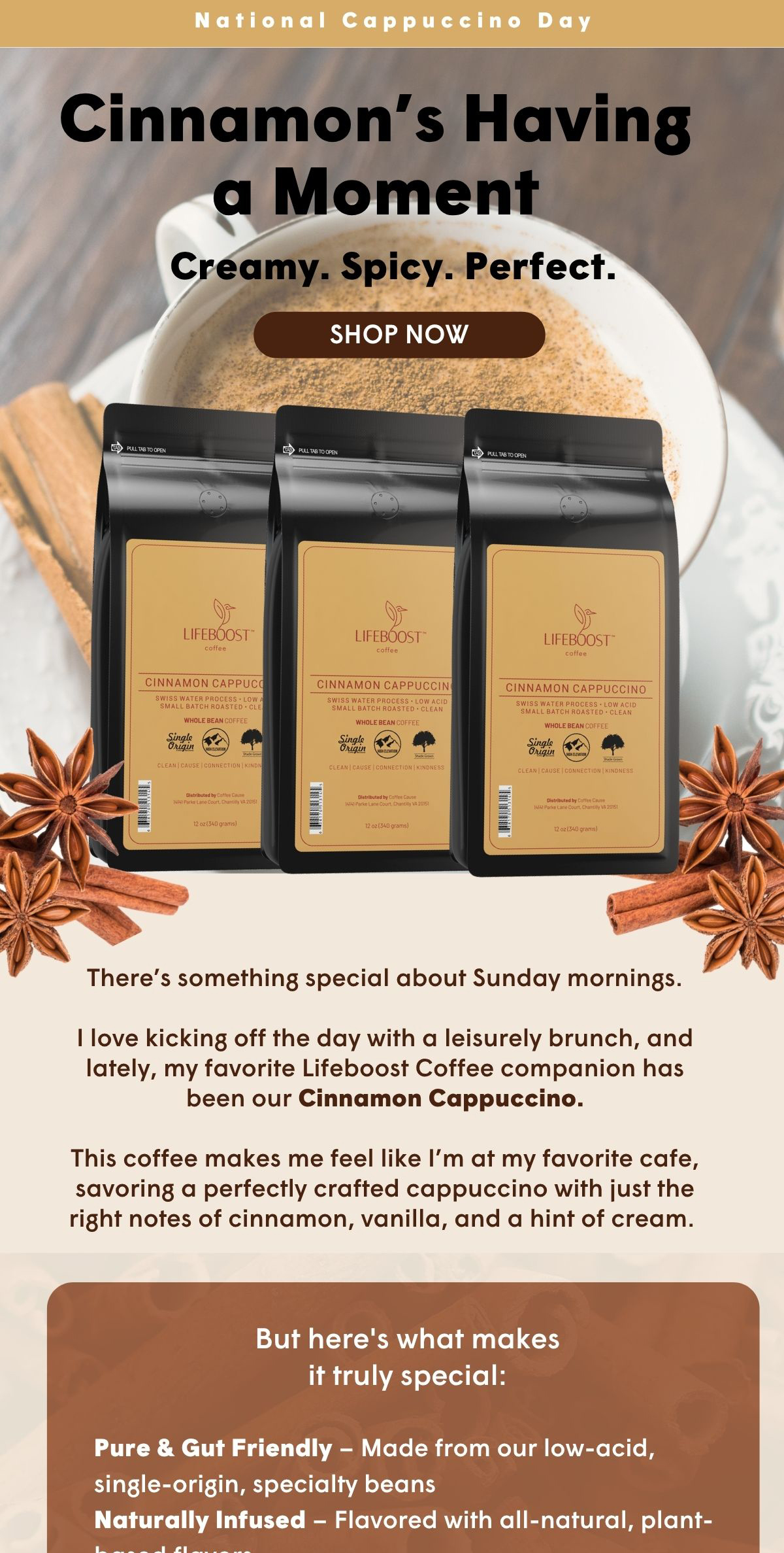 I love kicking off the day with a leisurely brunch, and lately, my favorite Lifeboost Coffee companion has been our Cinnamon Cappuccino.