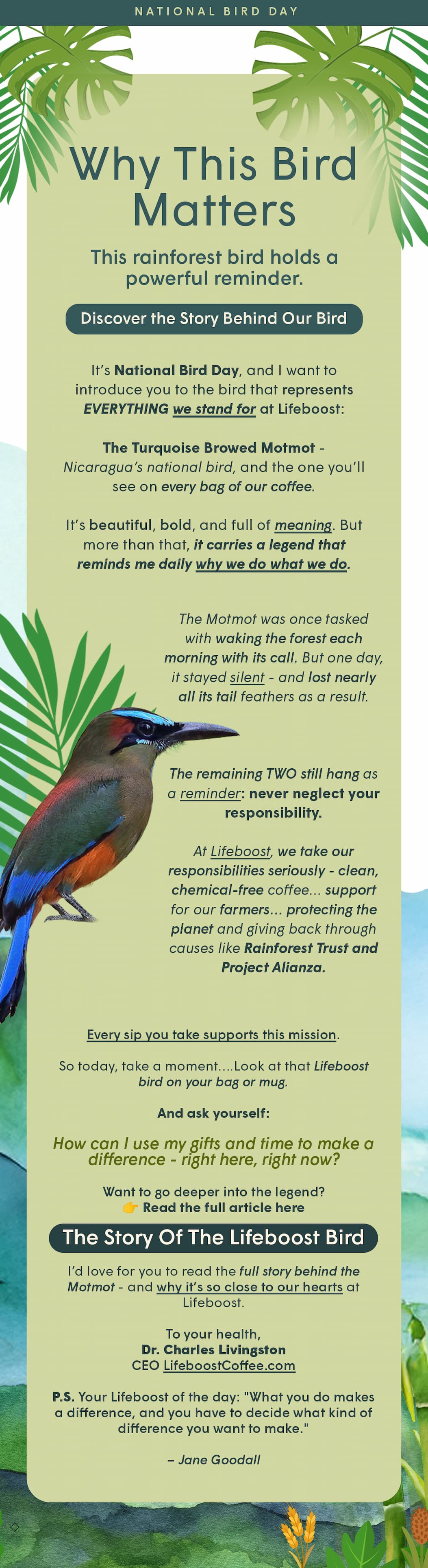 It’s National Bird Day, and I want to introduce you to the bird that represents EVERYTHING we stand for at Lifeboost - Want to go deeper into the legend? 👉 Read the full article here » The Story Of The Lifeboost Bird.