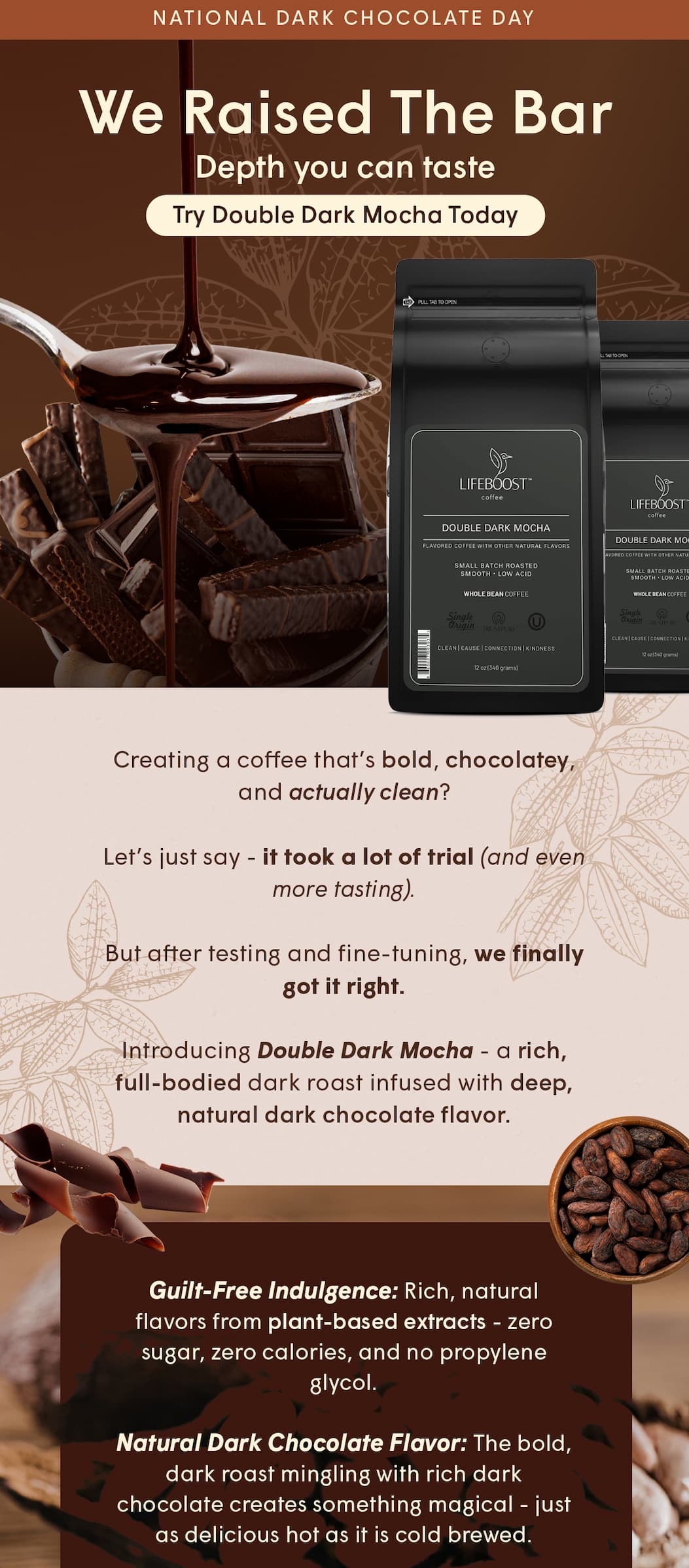  Introducing Double Dark Mocha - a rich, full-bodied dark roast infused with deep, natural dark chocolate flavor.