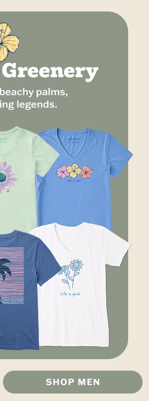 Enjoy the greenery. Men's tees featuring fresh flowers, beachy palms and other living legends.