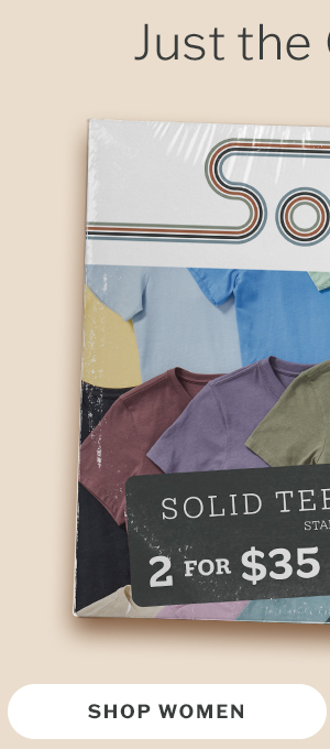 Women's solid tees and tanks starting at 2 for $35, 3 for $50.