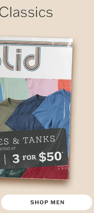 Men's solid tees starting at 2 for $35, 3 for $50.