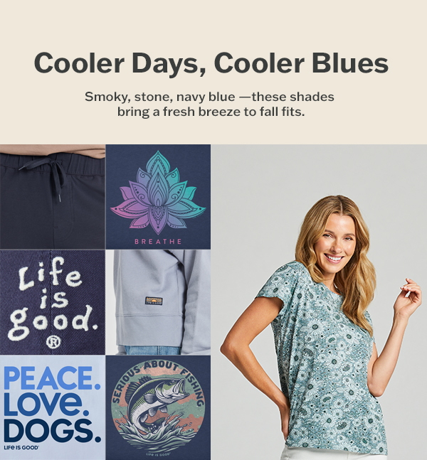 Cooler days, cooler blues. Shop blue tees and tops.