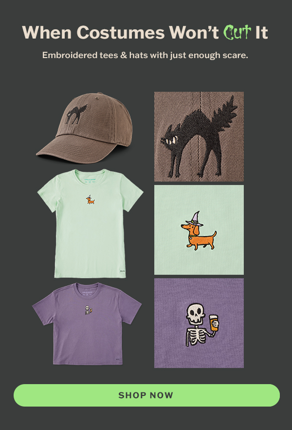 When costumes won't cut it. Embroidered tees and hats with just enough scare.