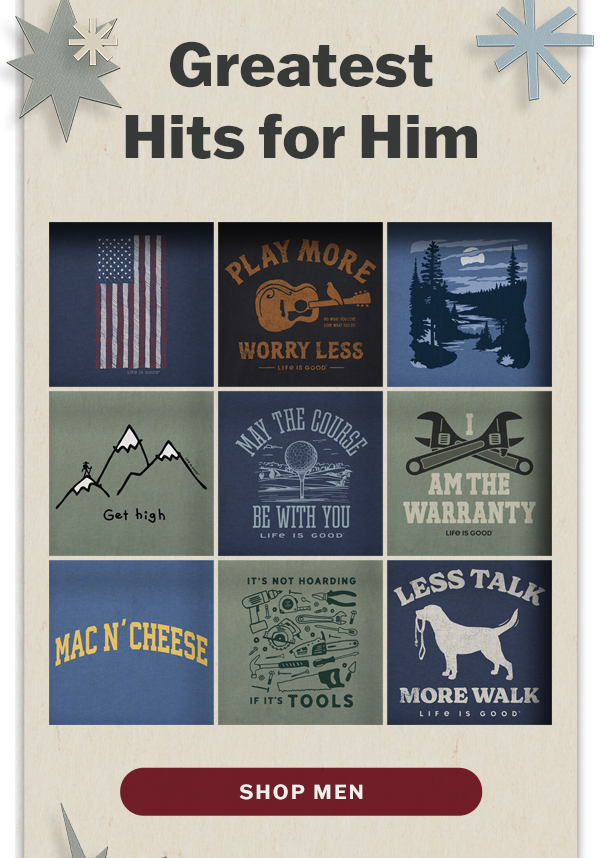 Greatest hits for him. 25% off men's best sellers.