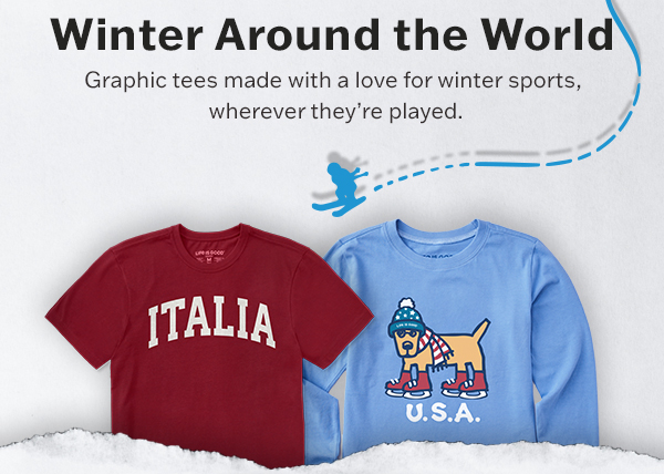 Graphic tees with a love for winter sports, wherever they're played.