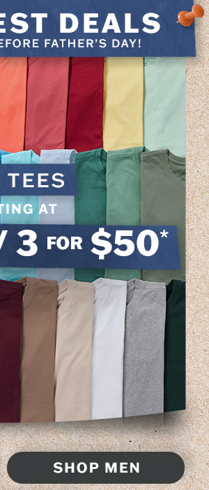 Men's solid tees 2 for $35, 3 for $50.