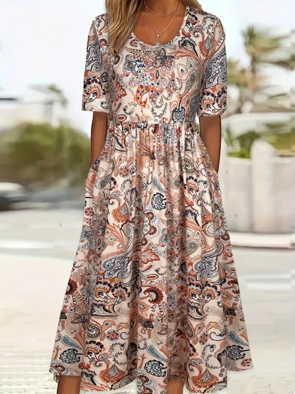 Image of Women's Short Sleeve Summer As Picture Floral Printing Crew Neck Daily Going Out Casual Maxi H-Line Shift Dress Dress