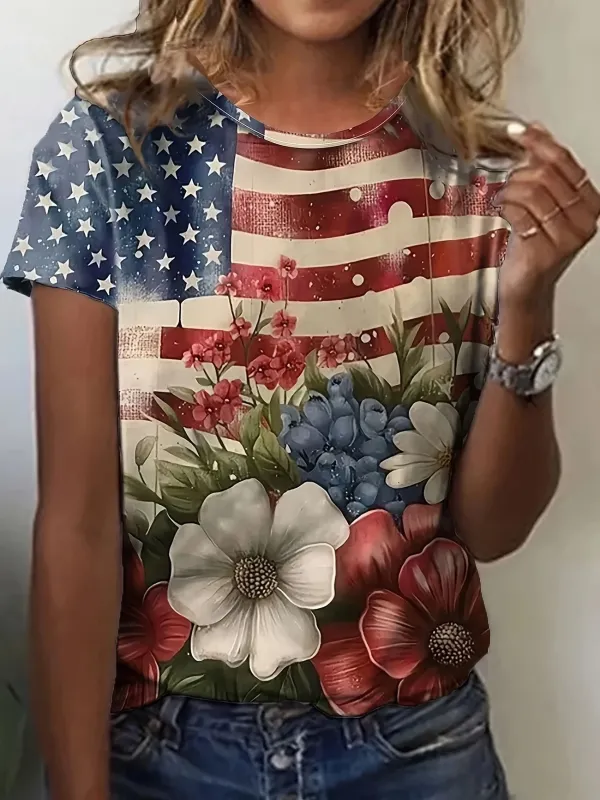 Image of Women's Independence Day Floral Print Casual V-Neck Short Sleeve T-Shirt