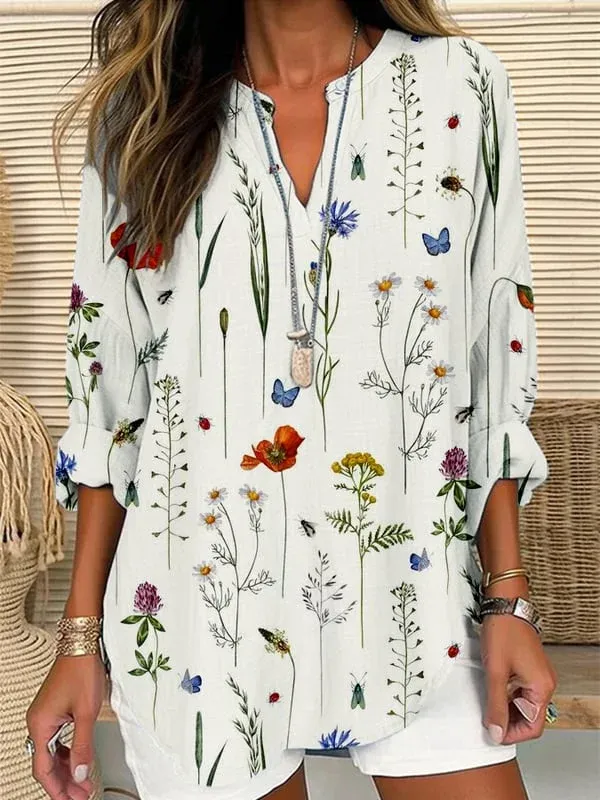 Image of Women's Spring Summer Floral Print Casual Long Sleeve V-Neck Shirt
