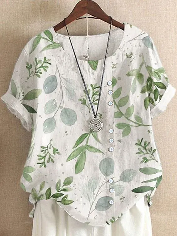 Image of Women's Short Sleeve Shirt Summer White Floral Printing Crew Neck Daily Going Out Casual Top
