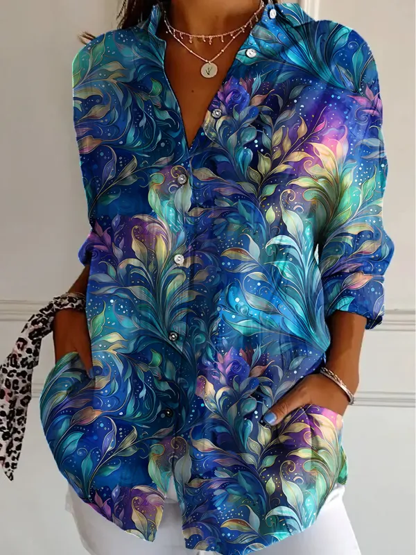 Image of Abstract Floral Long-Sleeved Comfortable Shirt