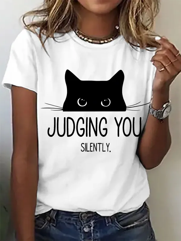 Image of Cute Cat Judging You Sliently Cotton T-shirt