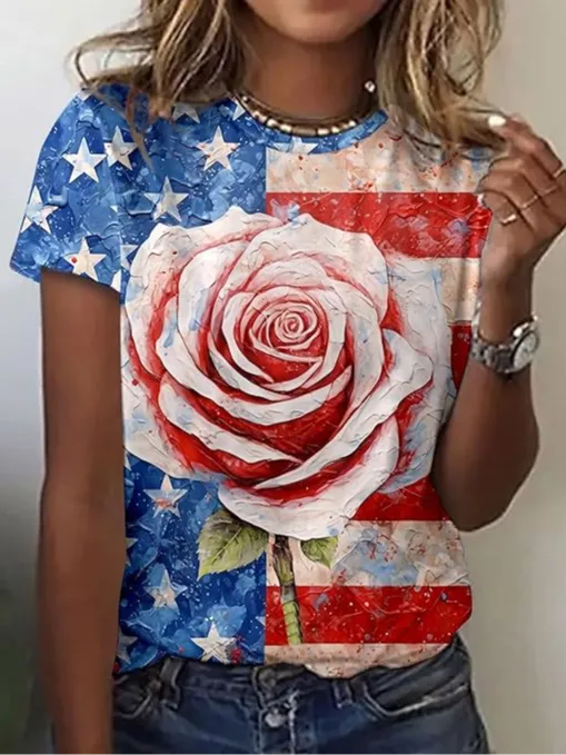 Image of Floral American Flag Print Casual T Shirt