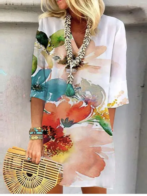 Image of Floral Casual Regular Fit V Neck Dress With No