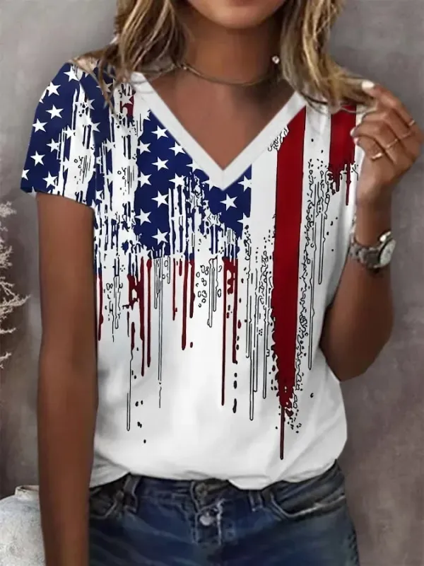Image of Women's Short Sleeve T-shirt Summer White Independence Day (Flag) Printing V Neck Daily Going Out Casual Top