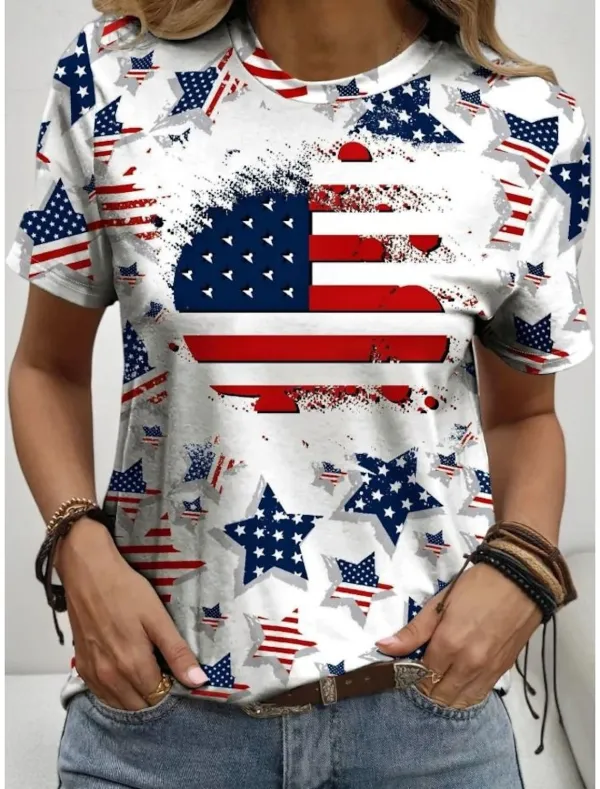 Image of Women's American Flag Printed Casual Cotton Crew Neck Short Sleeve T-Shirt