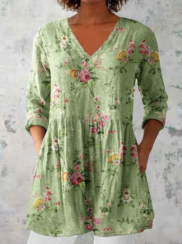 Image of Women's Half Sleeve Blouse_ Summer Green Floral Printing V Neck Daily Going Out Casual Top